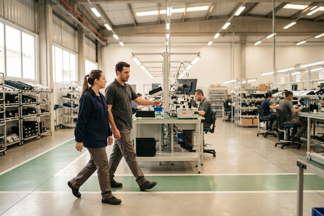 Reunião periódica de comitê de ergonomia com profissional da consultoria e equipe da empresa