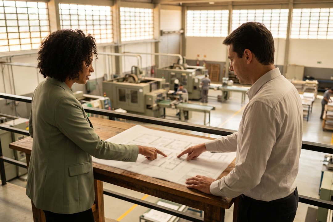 Consultora de ergonomia analisando planta de layout com gestor em ambiente industrial