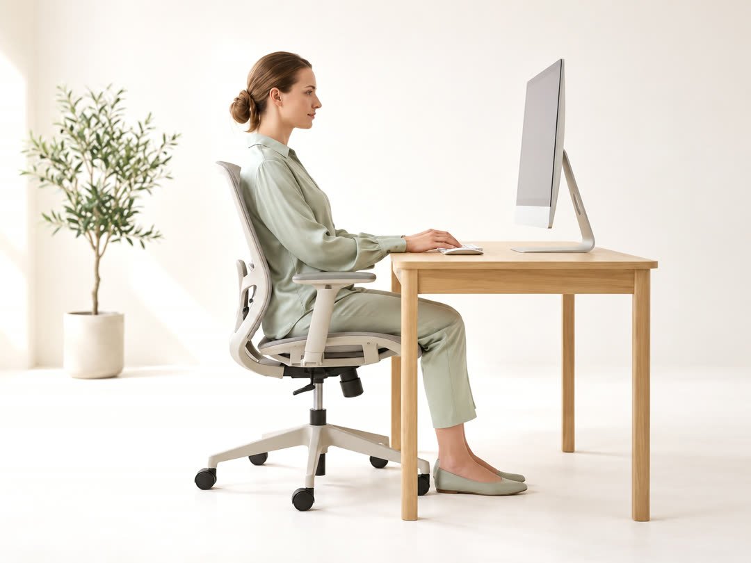 Postura de trabalho adequada: pessoa sentada em cadeira ergonômica com a tela na linha dos olhos, cotovelos a cerca de 90 graus e apoio lombar