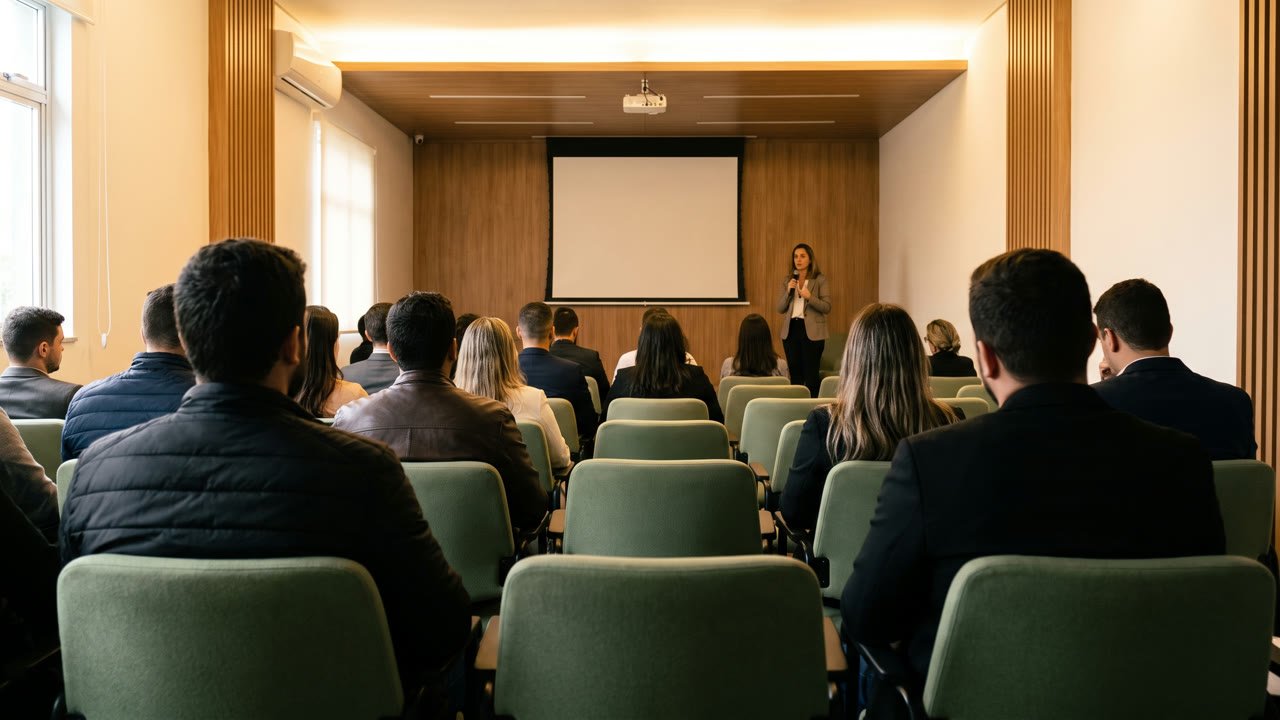 Palestra de saúde para colaboradores em auditório de empresa