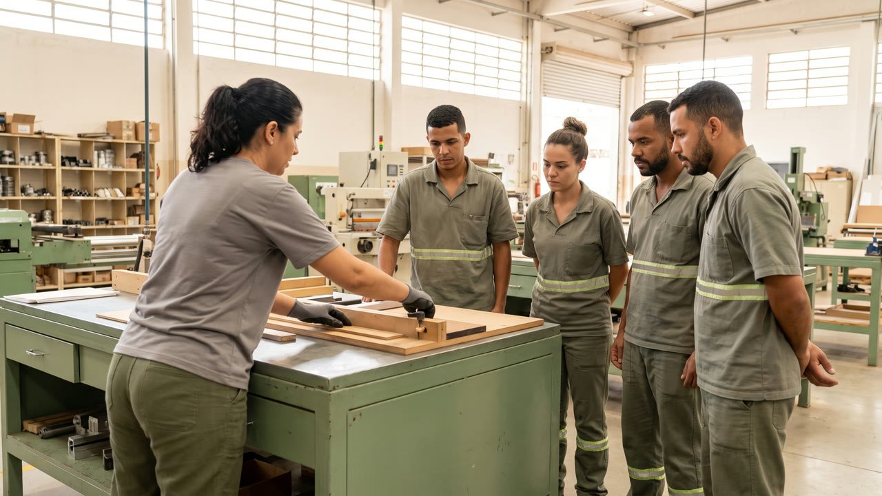 Treinamento prático de ergonomia com grupo de colaboradores em ambiente de produção